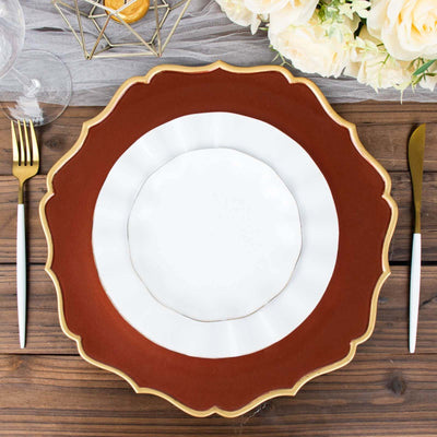 6-Pack Acrylic Round Charger Plates 13’’ in Terracotta (Rust) with Gold Scalloped Rim Decorative Dinner Party Plastic