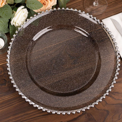 6-Pack Acrylic Round Charger Plates 13’’ in Transparent Black Silver Glittered with Beaded Rim Decorative Dinner Party