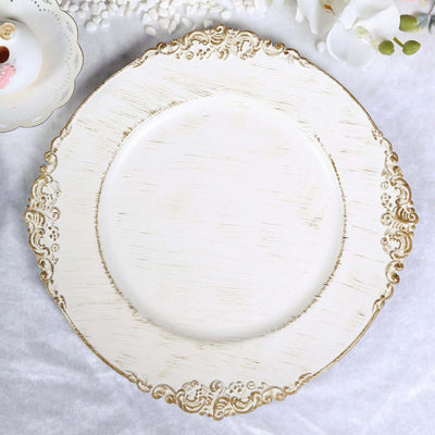 6-Pack Acrylic Round Charger Plates 13" in White Washed with Gold Embossed Baroque Rim, Antique Decorative Dinner Party Charger Tableware