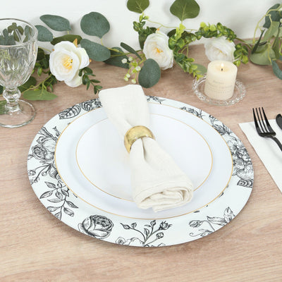 6-Pack Acrylic Round Charger Plates 13’’ in White with Black Floral French Toile Pattern Decorative Dinner Party