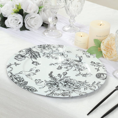 6-Pack Acrylic Round Charger Plates 13’’ in White with Black Floral French Toile Pattern Decorative Dinner Party