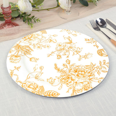 6-Pack Acrylic Round Charger Plates 13’’ in White with Gold Floral French Toile Pattern Decorative Dinner Party Charger