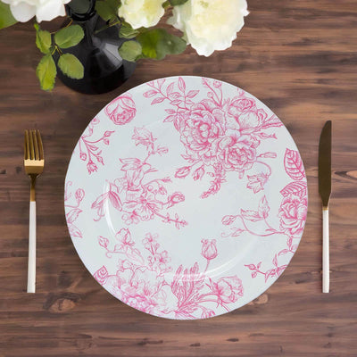 6-Pack Acrylic Round Charger Plates 13’’ in White with Pink Floral French Toile Pattern Decorative Dinner Party Charger