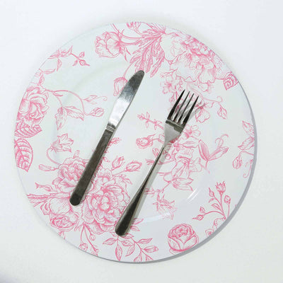 6-Pack Acrylic Round Charger Plates 13’’ in White with Pink Floral French Toile Pattern Decorative Dinner Party Charger