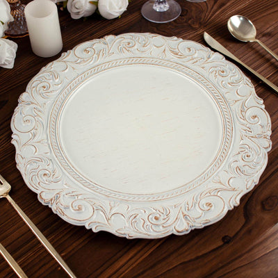 6-Pack Acrylic Round Charger Plates 14’’ in Antique White with Gold Engraved Baroque Rim Vintage Disposable Decorative