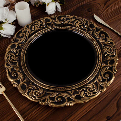 6-Pack Acrylic Round Charger Plates 14’’ in Black with Gold Engraved Baroque Rim Vintage Disposable Decorative Chargers