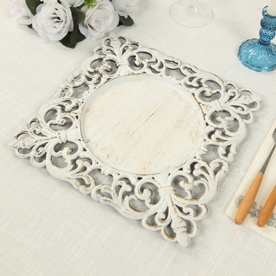 6-Pack Acrylic Square Charger Plates 12’’ Antique White with Hollow Lace Border Event Tabletop Decorative Charger