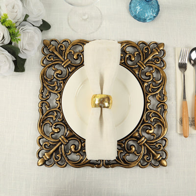 6-Pack Acrylic Square Charger Plates 12’’ in Black with Antique Gold Hollow Lace Border Event Tabletop Decorative