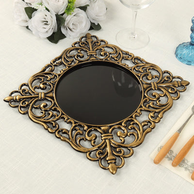 6-Pack Acrylic Square Charger Plates 12’’ in Black with Antique Gold Hollow Lace Border Event Tabletop Decorative