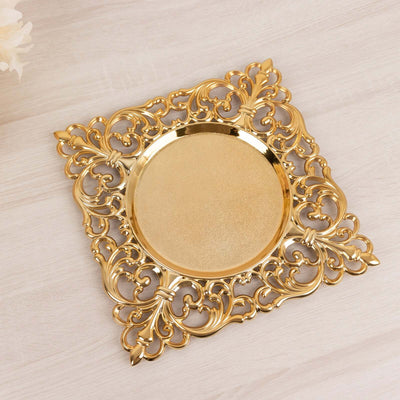 6-Pack Acrylic Square Charger Plates 12’’ in Gold with Hollow Lace Border Event Tabletop Decorative Charger Tableware