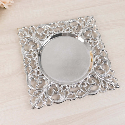 6-Pack Acrylic Square Charger Plates 12’’ in Silver with Hollow Lace Border Event Tabletop Decorative Charger Tableware