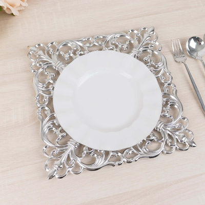 6-Pack Acrylic Square Charger Plates 12’’ in Silver with Hollow Lace Border Event Tabletop Decorative Charger Tableware