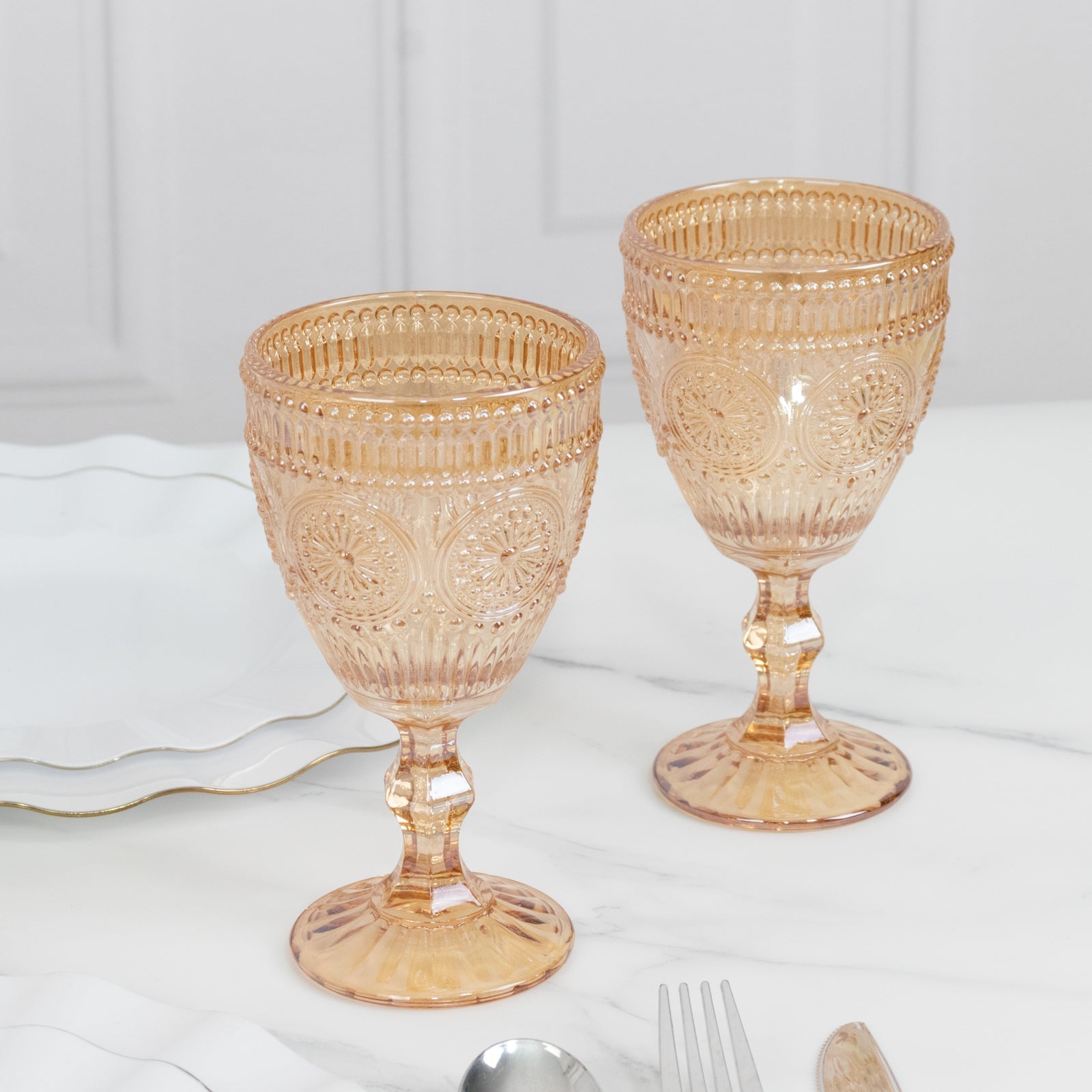 6-Pack Amber Gold Vintage Goblets 11oz â€“ Embossed Glass Cocktail & Wine Glasses with Floral Design - Drinkware