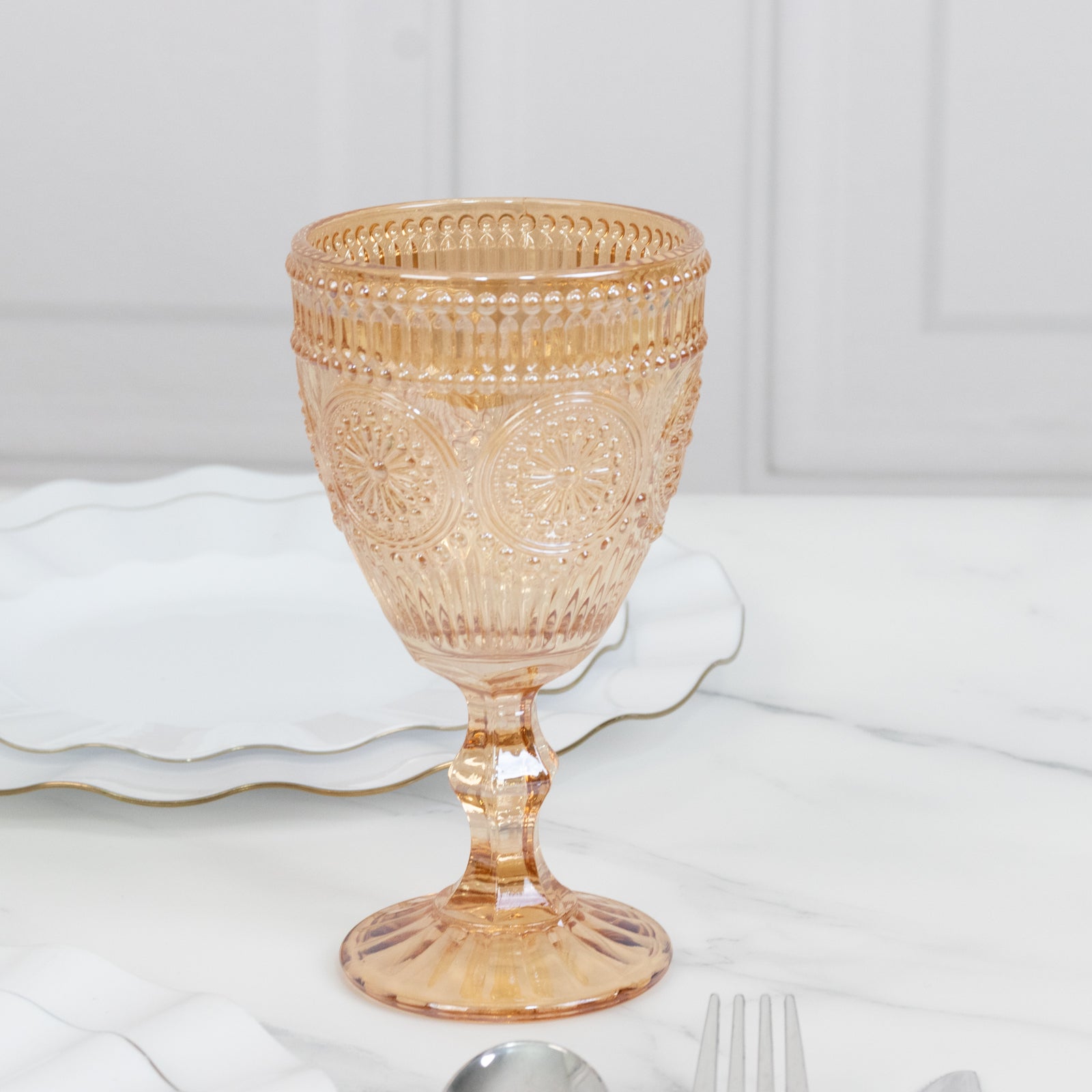 6-Pack Amber Gold Vintage Goblets 11oz â€“ Embossed Glass Cocktail & Wine Glasses with Floral Design - Drinkware
