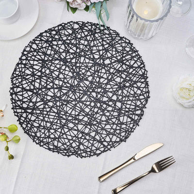 6-Pack Vinyl Placemats Black Woven Design - Durable Non-Slip Round Table Mats for Dining 15"