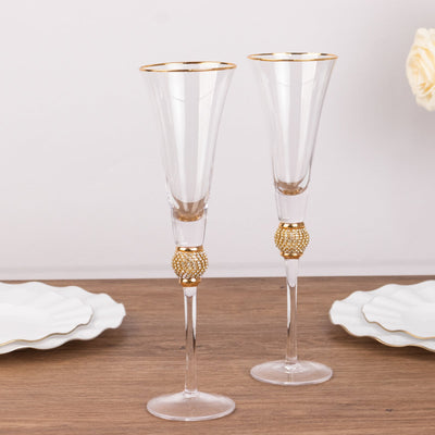 6-Pack Champagne Flute Glasses Clear Gold Rim Design with Studded Rhinestones - Long Stem Crystal Glassware for Wine &