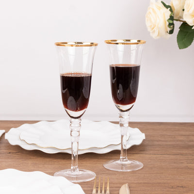 6-Pack Champagne Flute Glasses Clear Gold Rimmed Design with Long Beaded Stem - Chic Crystal Glassware for Wine &