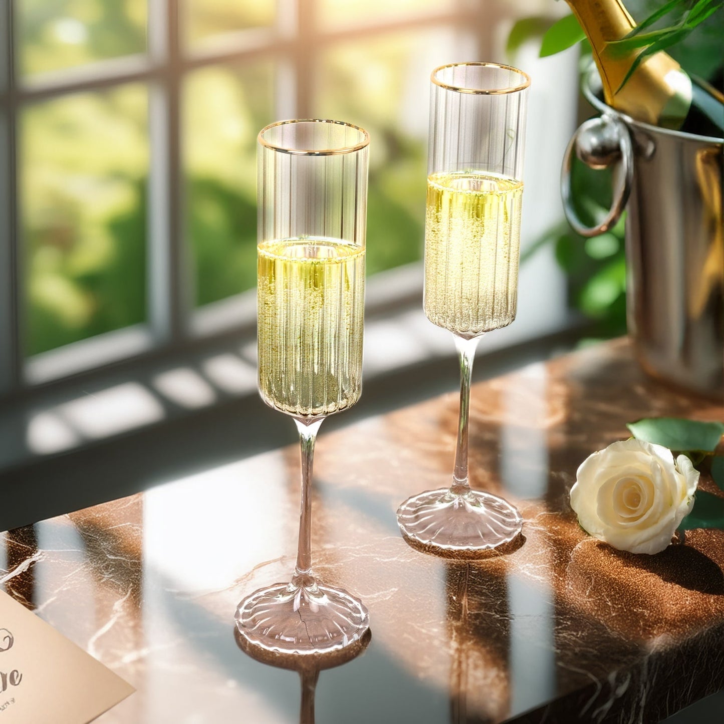 6-Pack Clear Modern Champagne Flutes â€“ 7oz Real Glass, Ribbed Cylindrical Design with Gold Rim, Elegant Toasting Glasses for Weddings & Celebrations â€“ 9.5" Tall