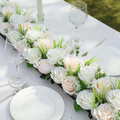 6 Pack Cream Ivory Silk Rose Flower Panel Table Runner Artificial Floral Arrangements Wedding Table Centerpiece