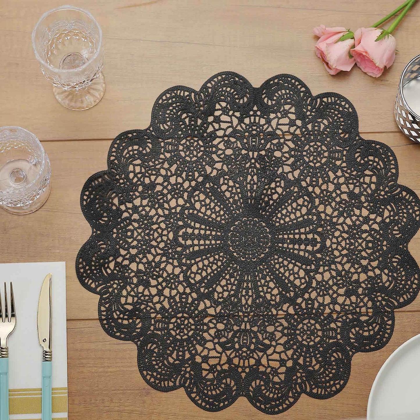 6-Pack Dining Table Mats Floral Lace Design Black - Vinyl Non-Slip Surface with Vintage Appeal 15"
