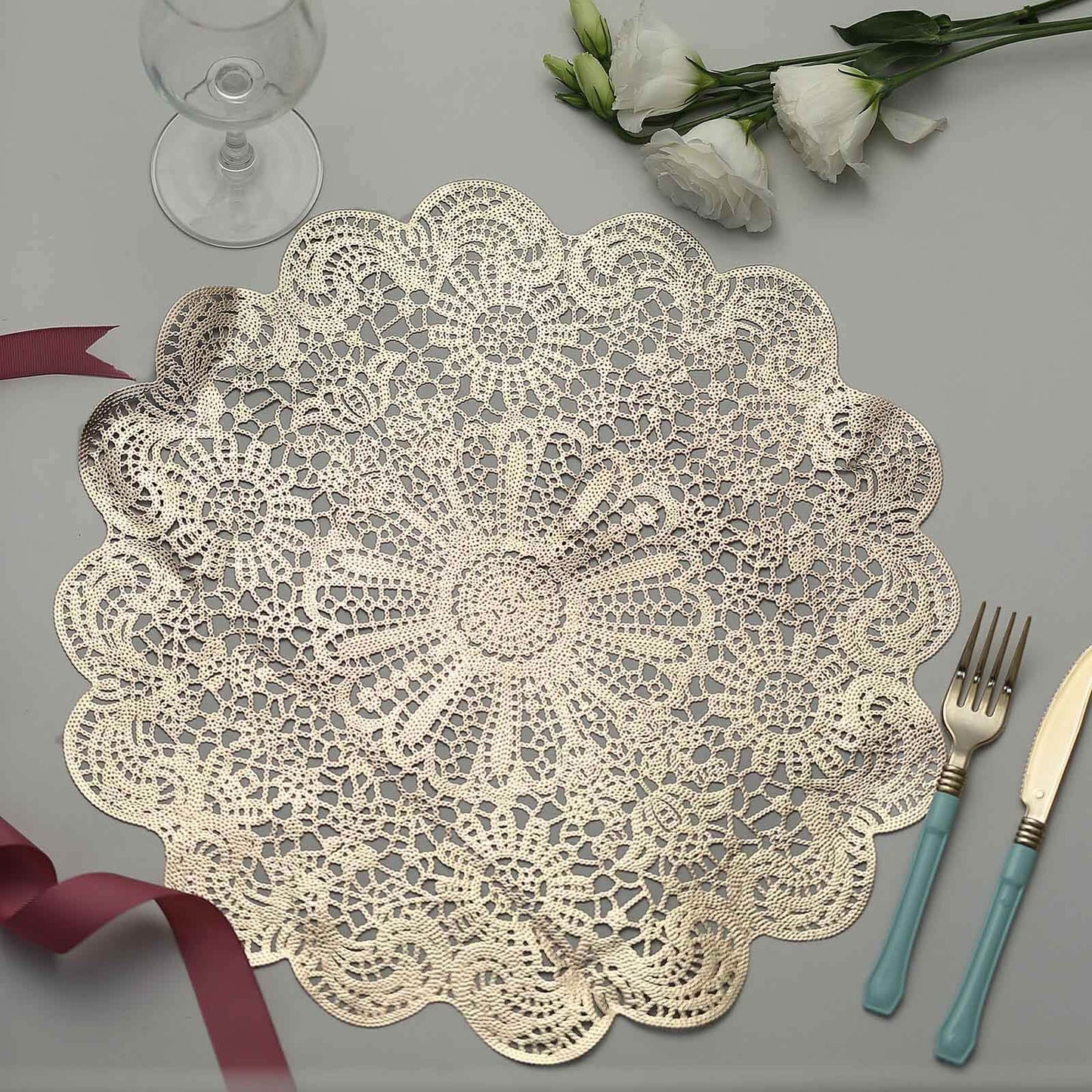 6-Pack Dining Table Mats Floral Lace Design Gold - Vinyl Non-Slip Surface with Vintage Appeal 15"