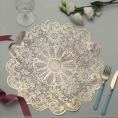 6-Pack Dining Table Mats Floral Lace Design Gold - Vinyl Non-Slip Surface with Vintage Appeal 15"