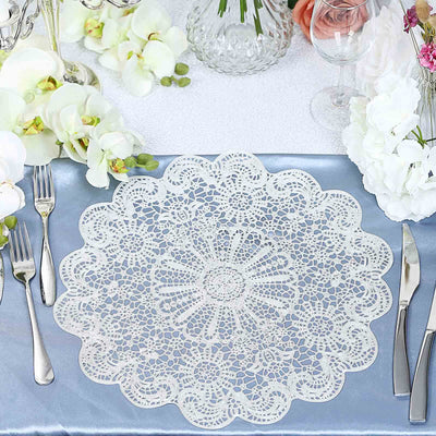 6-Pack Dining Table Mats Floral Lace Design White - Vinyl Non-Slip Surface with Vintage Appeal 15"