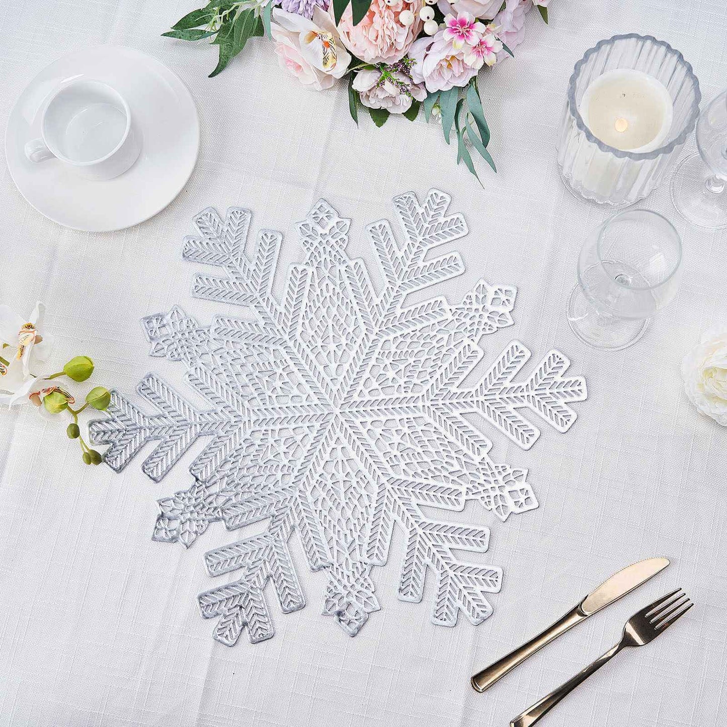6-Pack Dining Table Mats Snowflake Design Silver - Vinyl Non-Slip Surface for Winter Decor 18"