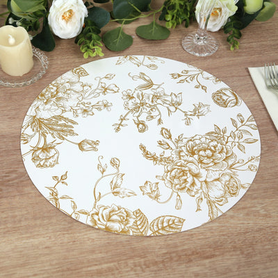 6-Pack Disposable Table Placemats in French Toile Print 13’’ in White/Gold - Chic Floral Cardboard Placemats