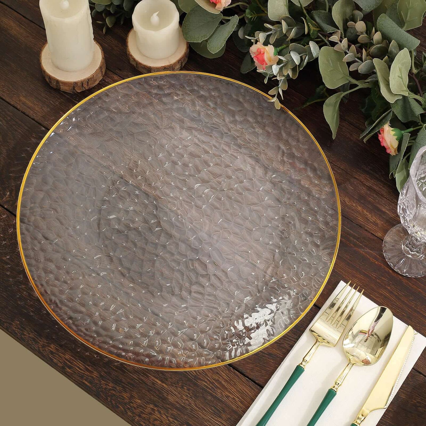 6-Pack Economy Plastic Round Charger Plates 13" in Clear Hammered Design with Gold Rim, Decorative Dinner Party Serving Plates