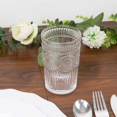 6 Pack Embossed Glass Tumblers â€“ 13oz Clear Vintage Textured Floral Drinking Cups for Water & Cocktails - Drinkware