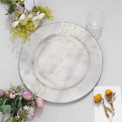6-Pack Faux Wood Round Charger Plates 13" White Washed with Embossed Sunray Pattern, Chic Plastic Decorative Chargers