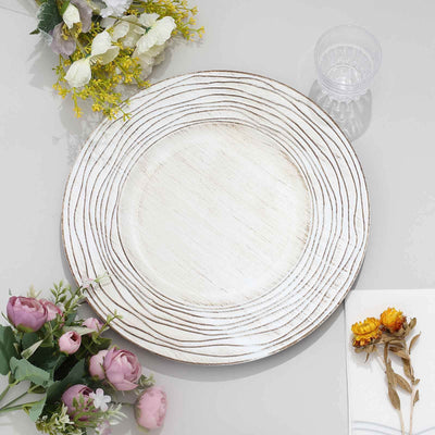 6-Pack Faux Wood Round Charger Plates 13’’ White Washed with Rose Embossed Rim Disposable Plastic Charger Tableware