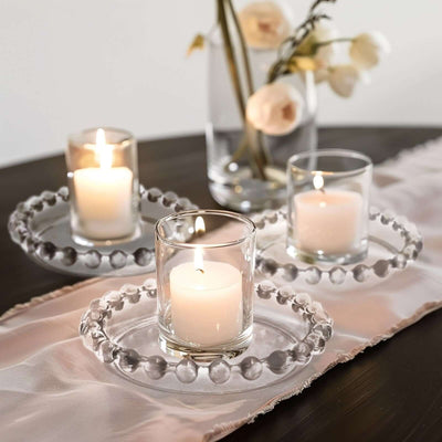 6-Pack Glass Pillar Candle Holder Plates Clear with Beaded Rims - Transparent Small Round Coaster Trays 4’’