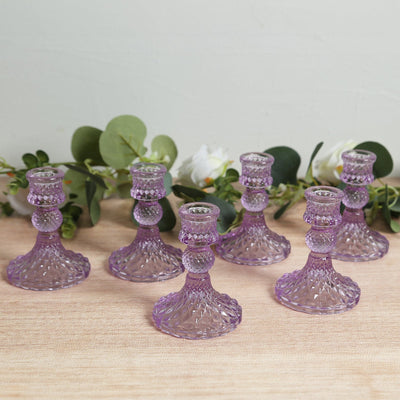 6-Pack Glass Taper Candlestick Holders Diamond Pattern Design Lavender Lilac - Reversible Crystal Pillar Votive Stands