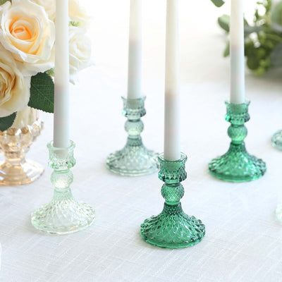 6-Pack Glass Taper Candlestick Holders Diamond Pattern Design Assorted Green - Reversible Crystal Pillar Votive Stands