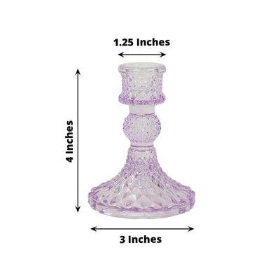 6-Pack Glass Taper Candlestick Holders Diamond Pattern Design Lavender Lilac - Reversible Crystal Pillar Votive Stands