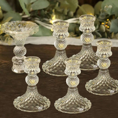6-Pack Glass Taper Candlestick Holders Diamond Pattern Design Clear - Reversible Crystal Pillar Votive Stands 4’’