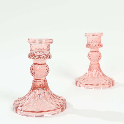6-Pack Glass Taper Candlestick Holders Diamond Pattern Design Dusty Rose - Reversible Crystal Pillar Votive Stands 4’’