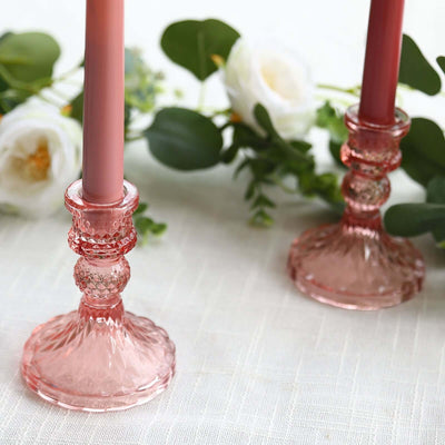 6-Pack Glass Taper Candlestick Holders Diamond Pattern Design Dusty Rose - Reversible Crystal Pillar Votive Stands 4’’