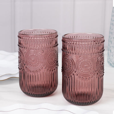 6-Pack Glass Tumblers Dusty Rose Vintage Embossed Design with Textured Floral Pattern - Highball Glasses for Drinks &