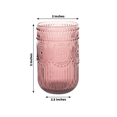 6-Pack Glass Tumblers Dusty Rose Vintage Embossed Design with Textured Floral Pattern - Highball Glasses for Drinks &