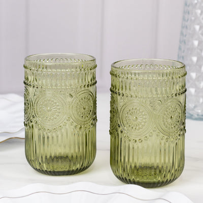 6-Pack Glass Tumblers Dusty Sage Green Vintage Embossed Design with Textured Floral Pattern - Highball Glasses