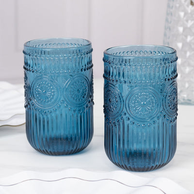 6-Pack Glass Tumblers Ocean Blue Vintage Embossed Design with Textured Floral Pattern - Highball Glasses for Drinks &