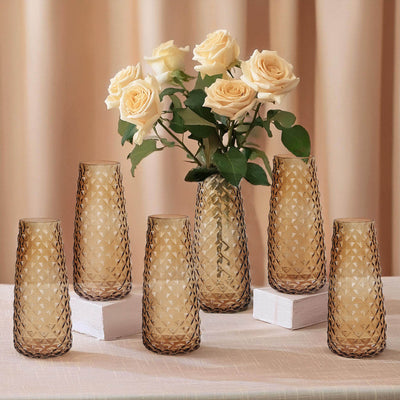 6-Pack Glass Urn Vases Amber Gold with Diamond Crystal Cut Pattern - Stylish Decorative Design for Event Decor 8.5’’
