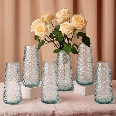 6-Pack Glass Urn Vases Clear with Diamond Crystal Cut Pattern - Stylish Decorative Design for Event Decor 8.5’’