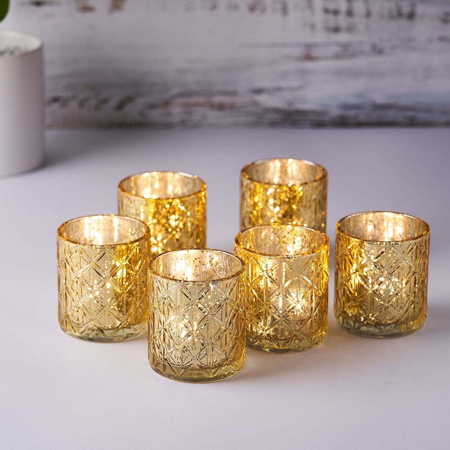 6-Pack Mercury Glass Candle Holders Shiny Gold with Geometric Design - Votive Tealight Holders 3"