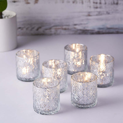 6-Pack Mercury Glass Candle Holders Shiny Silver with Geometric Design - Votive Tealight Holders 3"