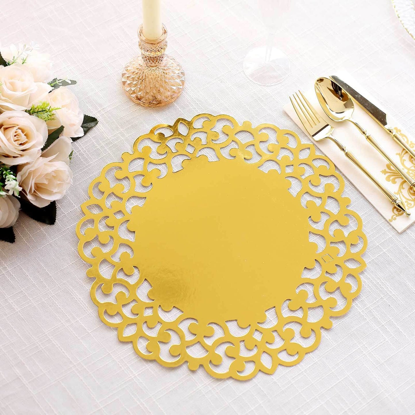 6-Pack Disposable Table Placemats in Metallic Gold with Laser Cut Floral Rim - 400GSM Cardboard Placemats for Glamorous Table Settings 13"