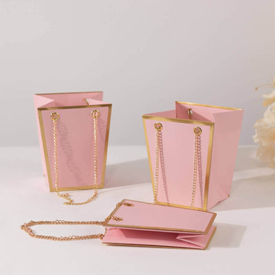 6 Pack Pink Gold Edge Paper Flower Gift Bags With Metal Chain Handles Trapezoid Party Favor Tote Bags - 5’’x6’’ - Favor